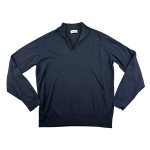 John Smedley 1/4 Zip Sweater Men XL Blue 100% Wool England Made Long Sleeve Knit